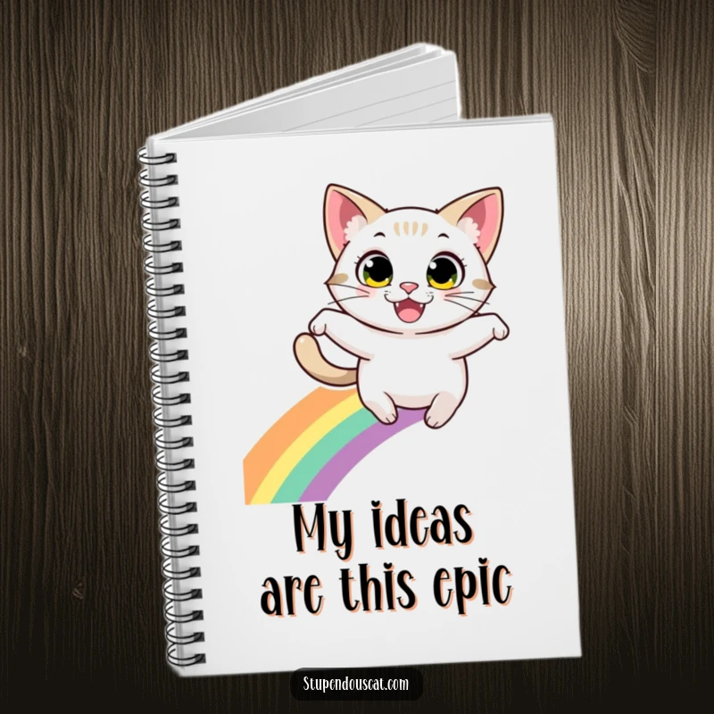 Funny notebook: A cat with energetic eyes and a wide grin leaps over a vibrant rainbow, inspiring creative thoughts.