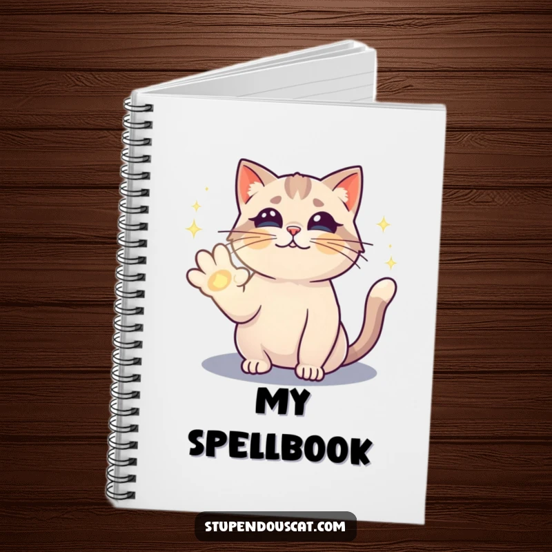 Funny notebook with a magical cat casting a sparkling spell with its paw, inspiring creativity and mystical thoughts.