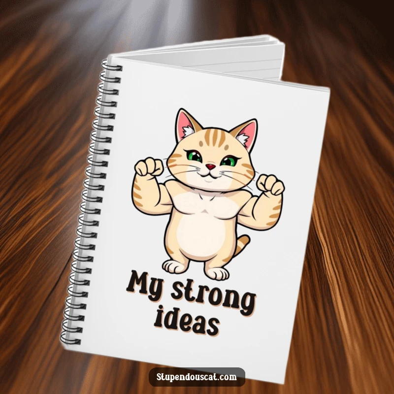 Funny notebook cover featuring a strong cat with rippling muscles, flexing its arms with immense pride.