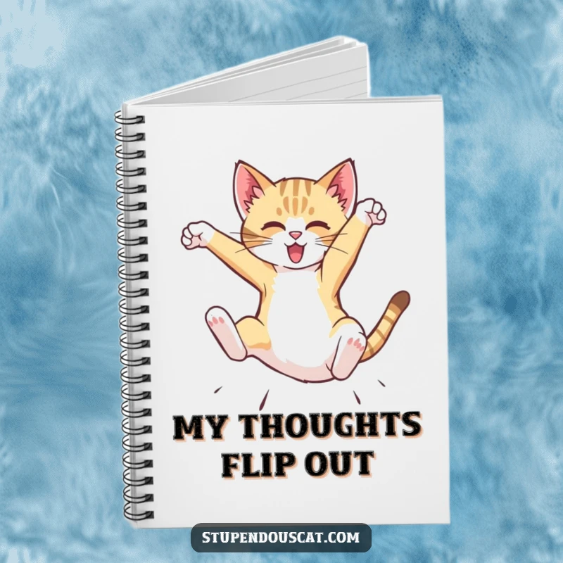 Funny Notebook showcasing a dynamic cat cub performing a mid-air flip, ideal for writing down ideas with a spirited and humorous flair.