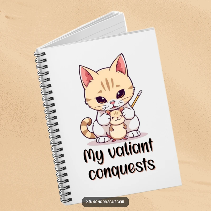 Funny notebook with a valiant cat protectively guarding a small toy mouse, perfect for noting down brave ideas, a great funny gift.
