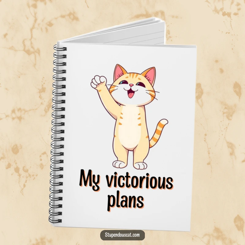 Funny Cat Notebook cover featuring an admirable cat standing tall with an outstretched paw of triumph, inspiring winning thoughts.