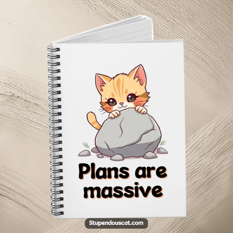 Funny Notebook showcasing a determined cat cub pushing a large boulder, ideal for writing down goals with a resilient and humorous flair.