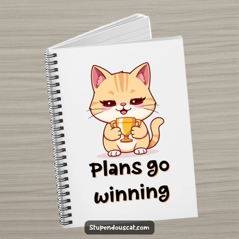 Funny cat notebook cover with a smug cat holding a tiny trophy, ideal for journaling and note-taking.