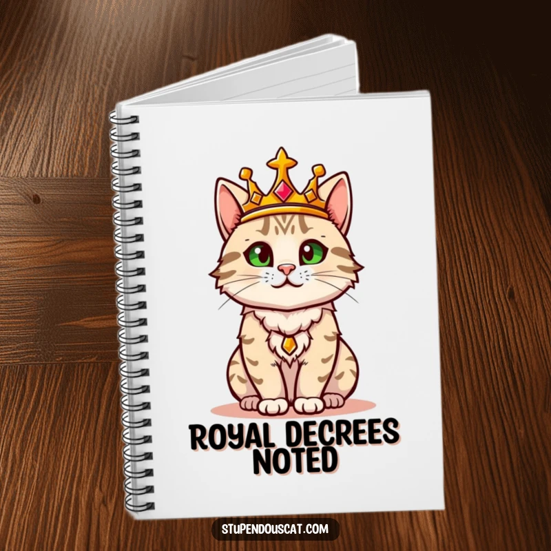 Funny notebook cover featuring a regal cat adorned with a golden crown, confidently surveying its domain.