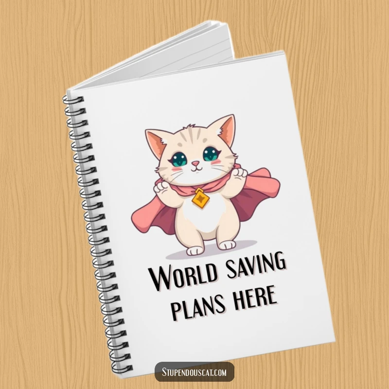 Funny notebook with a magnificent cat unfurling a majestic cape, inspiring grand ideas and heroic note-taking, a great funny gift.