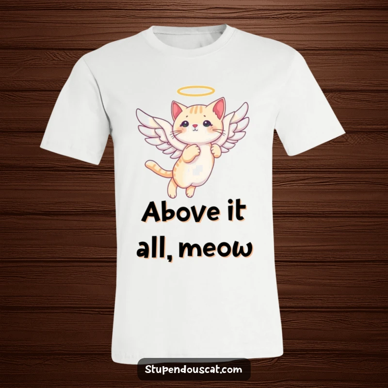 Funny angelic cat wings t-shirt featuring a cat with majestic wings soaring through the clouds with elegant grace.