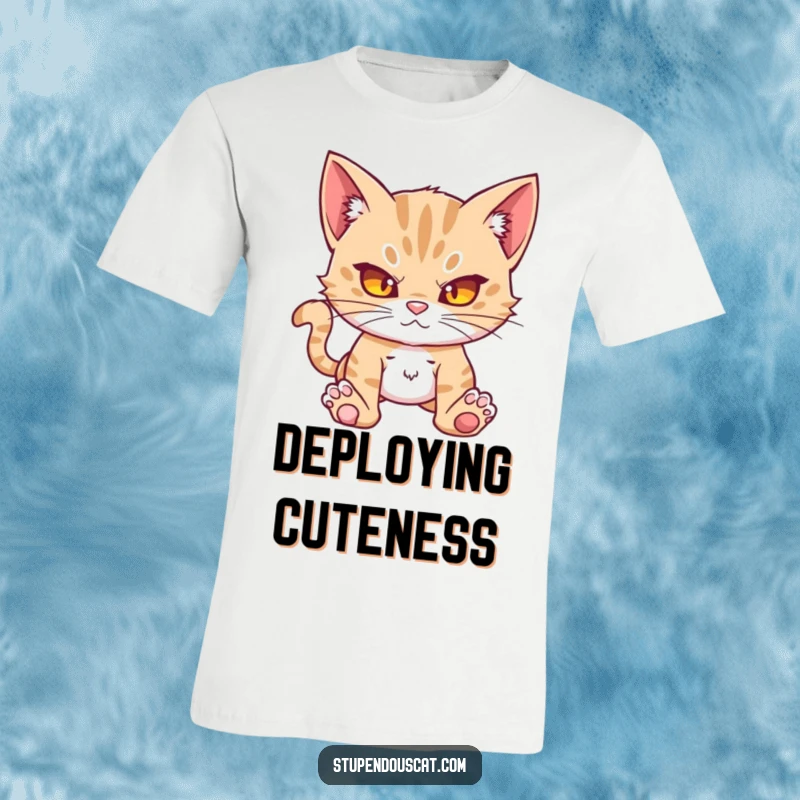 Funny action cat cub t-shirt, poised and ready for anything with a determined, humorous expression. Bold graphic tee.