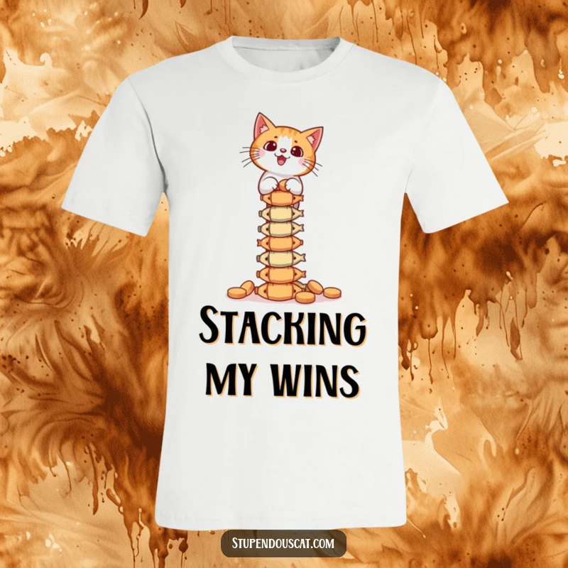 Funny T-Shirt: A determined cat is balancing an impossibly high stack of fish treats, showcasing impressive focus and skill.