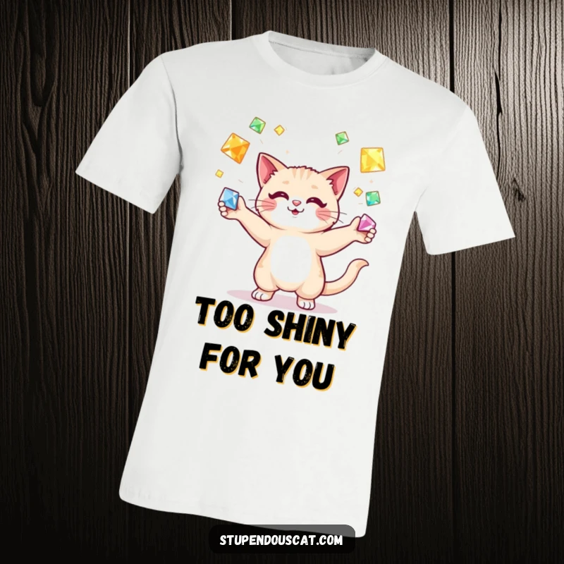 Funny cat juggling t-shirt, a sleek feline masterfully tossing multiple shiny, colorful gemstones with impressive coordination and a cool demeanor.
