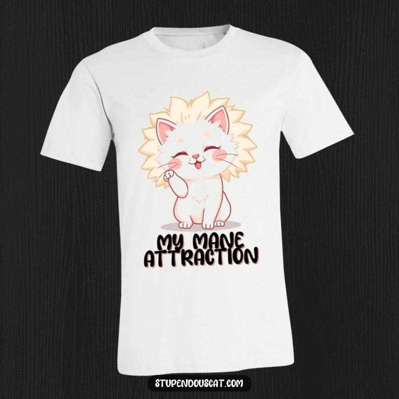 Funny cat t-shirt depicting a cute cat wrestling with and trying to control its large, fluffy, and wild mane.
