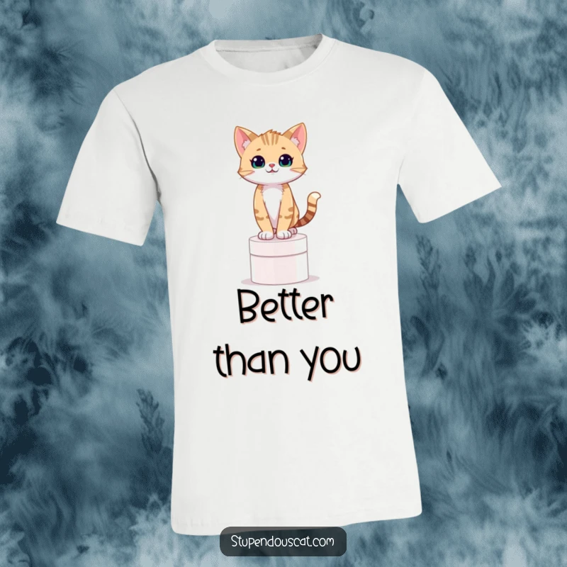Funny t-shirt with a self-assured cat cub standing tall on a pedestal, radiating humorous pride.