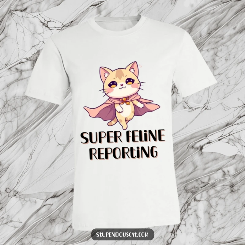 Funny t-shirt of a majestic cat with a flowing cape, soaring powerfully through the air like a superhero. Expresses freedom and heroic fantasy.