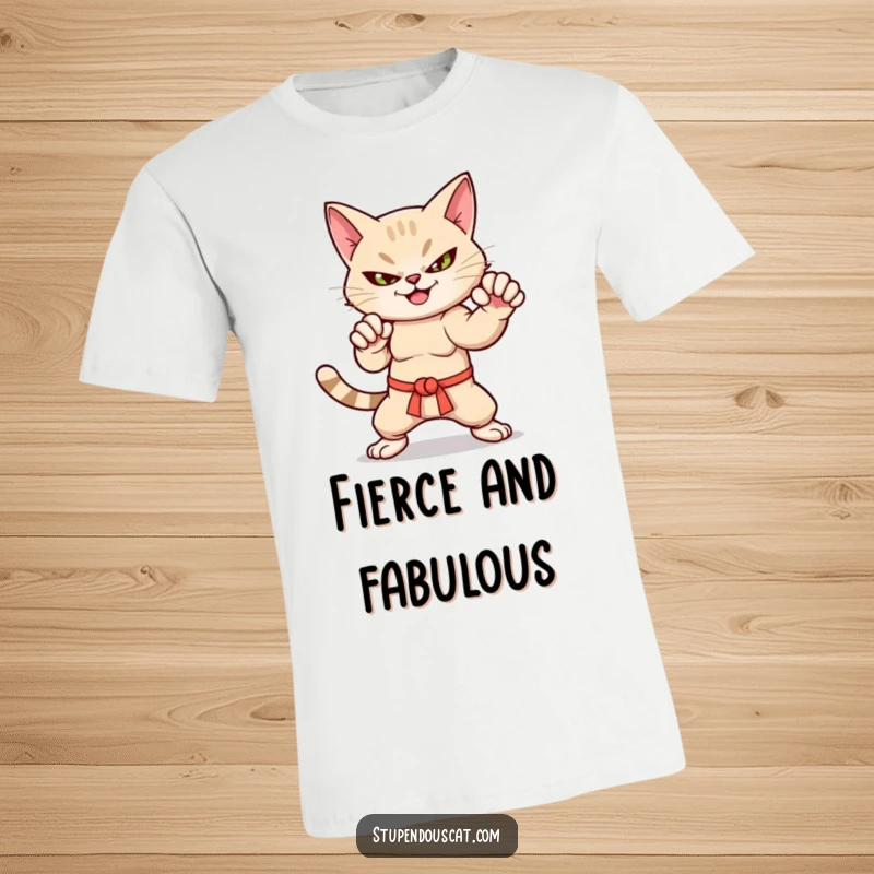 Funny martial arts cat t-shirt with a smirk, in a dynamic fighting stance, perfect for active wear.