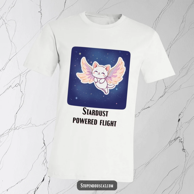 Funny Stardust Cat T-Shirt: A mystical cat with wings of stardust gracefully soaring through a dark, starry night.
