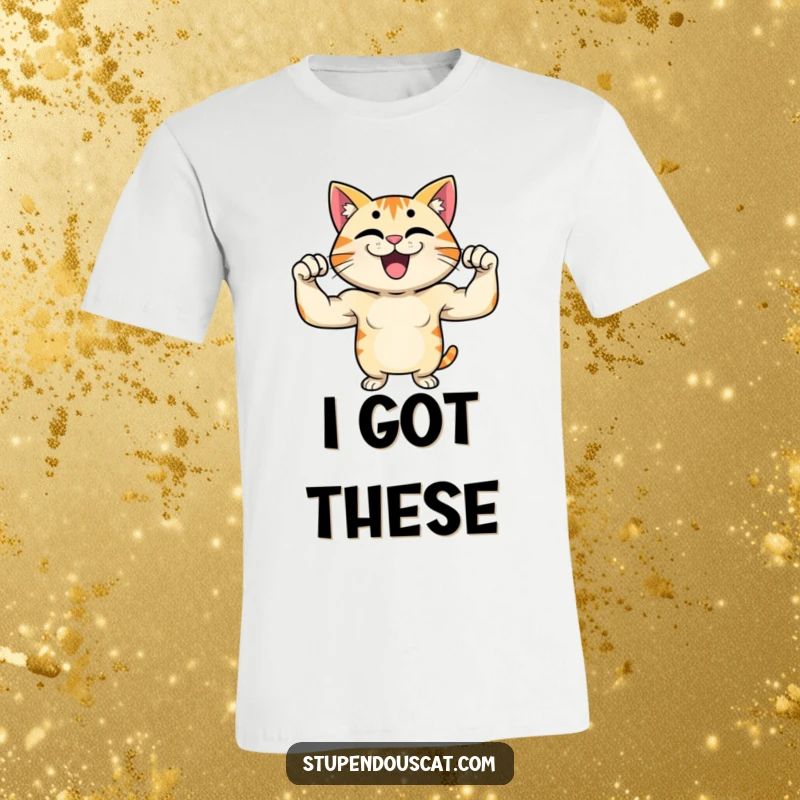 Funny T-shirt depicting a proud cat character flexing its muscles with a massive grin, showcasing strength and playful confidence.