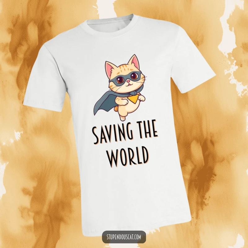 Funny t-shirt of a cat in a superhero cape flying with determination, symbolizing bravery and courage, a great gift.