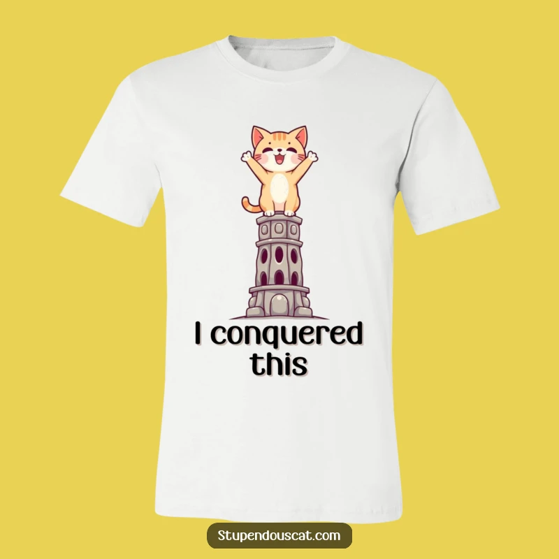 Funny Triumphant Cat T-Shirt: Bold Statement Wear for Conquerors of Impossible Feats