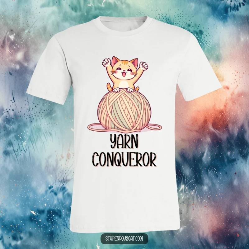 Funny t-shirt featuring a cat in a triumphant pose on a giant ball of yarn, symbolizing success and playfulness, a great gift.