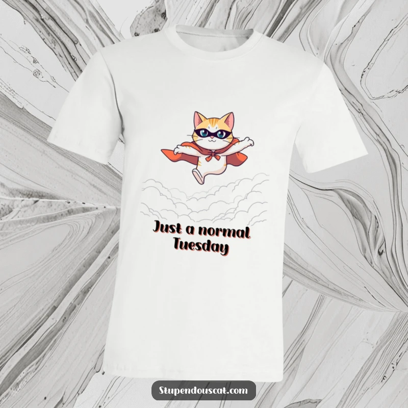 Funny t-shirt depicting a heroic cat wearing a cape, captured leaping with great determination across a wide, expansive background.