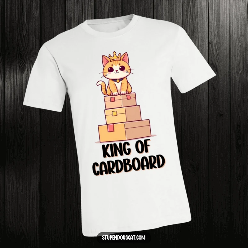 Funny t-shirt depicting a regal cat sitting proudly atop a tall tower of boxes, embodying feline supremacy and amusement.