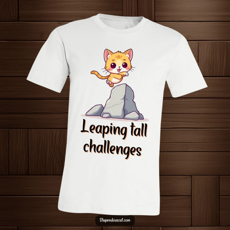 Valiant Cat Cub Leap T-Shirt: A cat cub courageously leaping over a towering obstacle, symbolizing strength and perseverance.