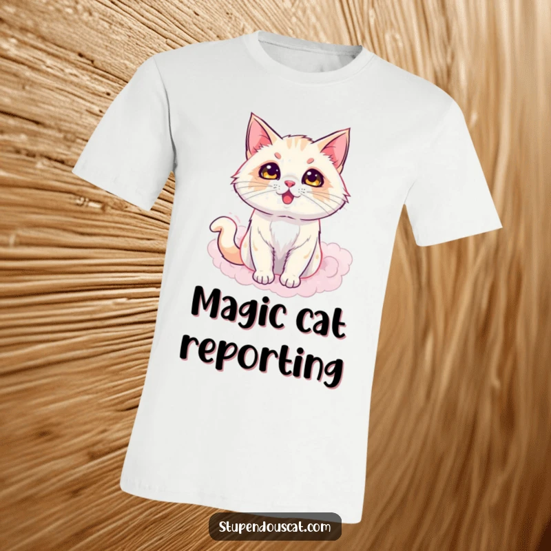 Funny t-shirt with a dazzling cat emerging from a smoky illusion, capturing a moment of magical surprise, a unique and funny gift.