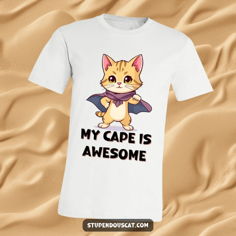 Heroic Cat Cub Cape T-Shirt: A proud cat cub in a superhero cape striking a heroic pose, embodying courage and fun.