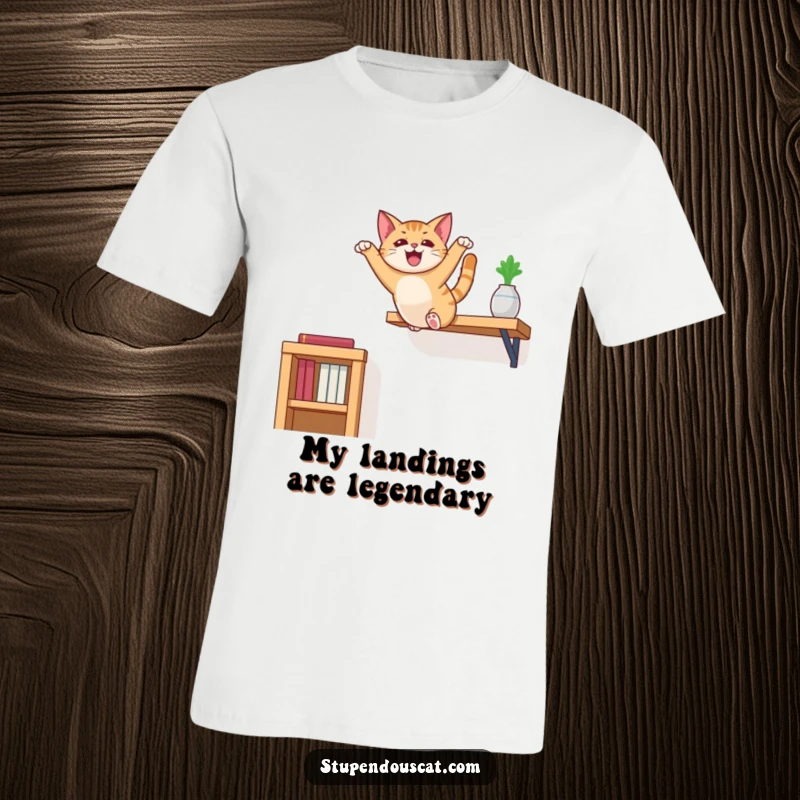 Funny cat t-shirt featuring a dynamic illustration of a cat mid-leap from a high shelf with impressive flair.