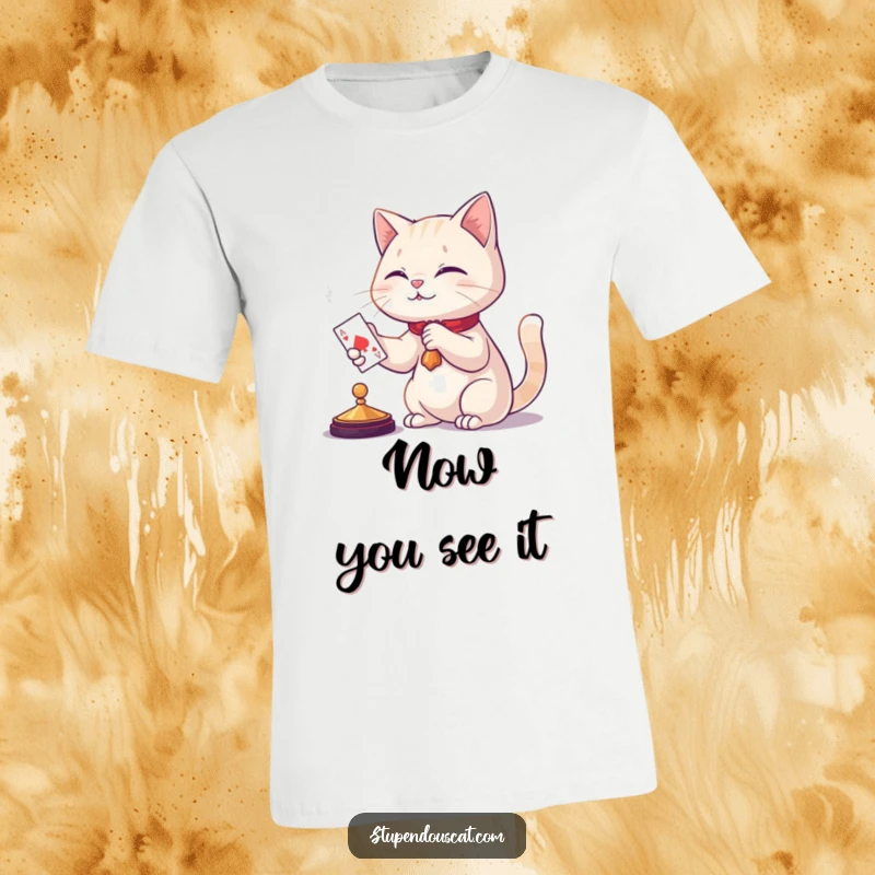Funny cat magician t-shirt, pulling a playing card from thin air with a mysterious expression, evoking amusement and wonder.