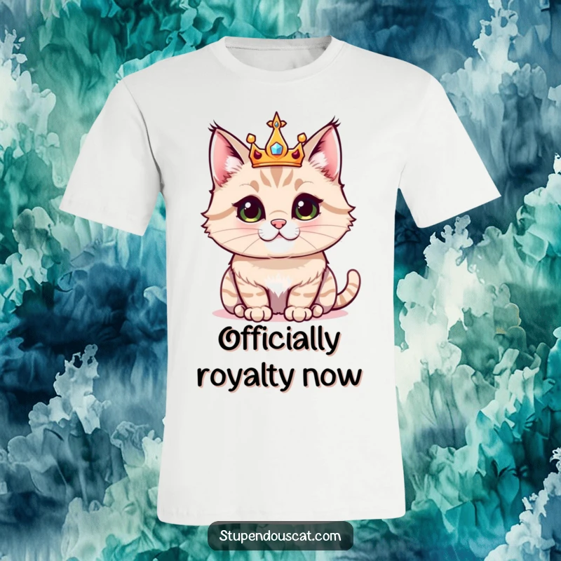 Funny t-shirt showcasing a majestic cat adorned with a small, glittering crown, exuding royal charm and humor.