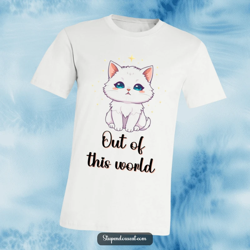 Funny white cat t-shirt, majestic with a halo of shimmering stardust, showcasing a celestial and graceful feline.