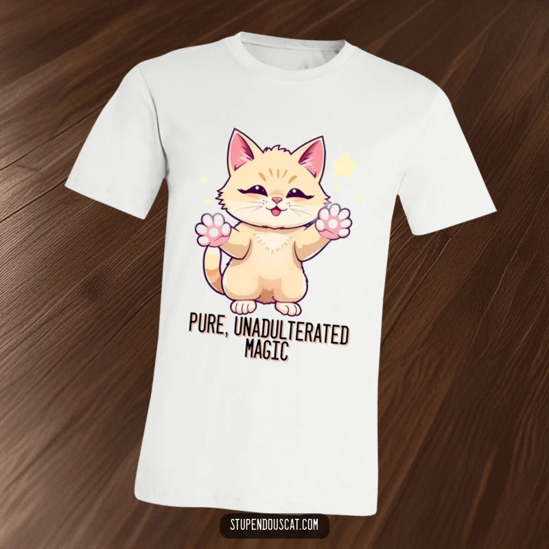 Funny t-shirt depicting a magical cat conjuring sparkling, vibrant energy from its paws in an awe-inspiring display of power.