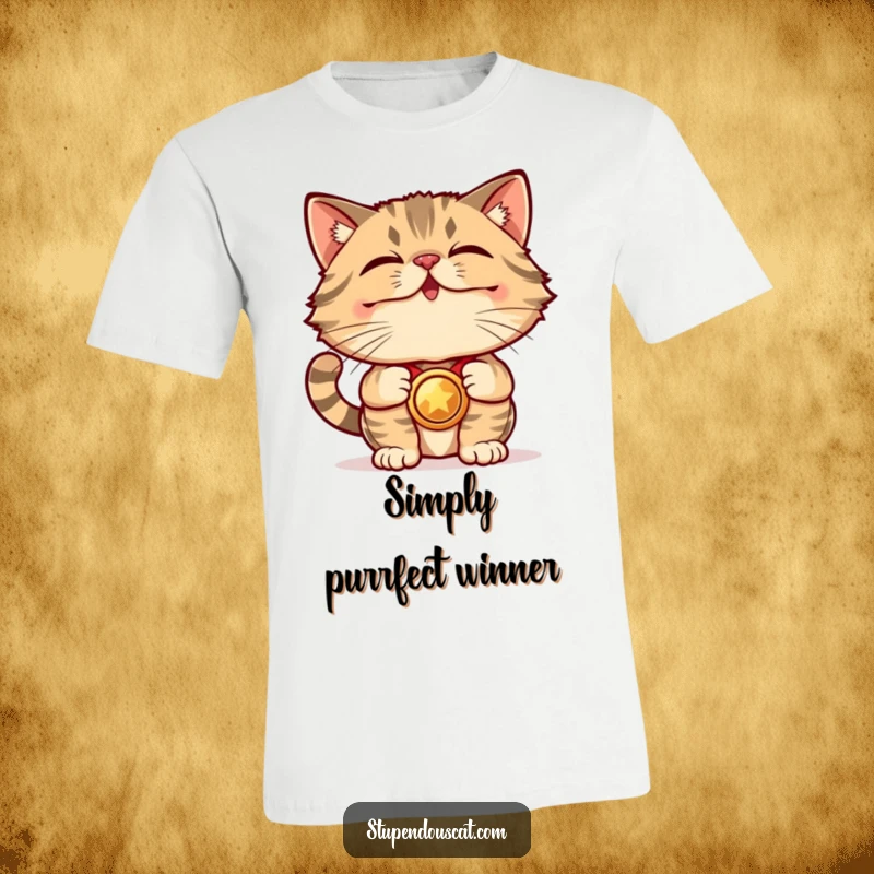 Funny T-Shirt: A triumphant cat proudly shows off a gleaming medal, embodying achievement and feline superiority.