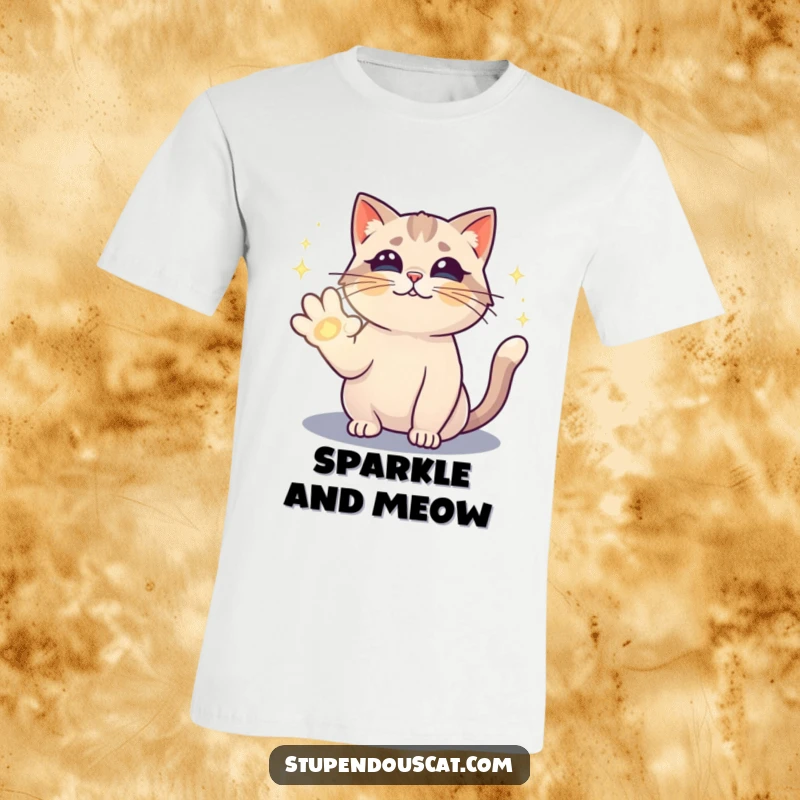 Funny t-shirt depicting a magical cat performing a sparkling spell with its paw, creating an atmosphere of wonder and amusement.