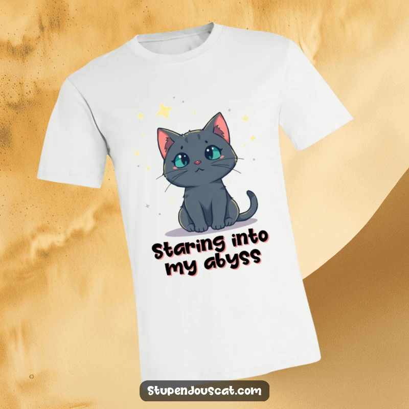 Funny t-shirt featuring a mysterious cat gazing at a dazzling starry night sky, capturing nocturnal wonder and feline charm, a unique gift.