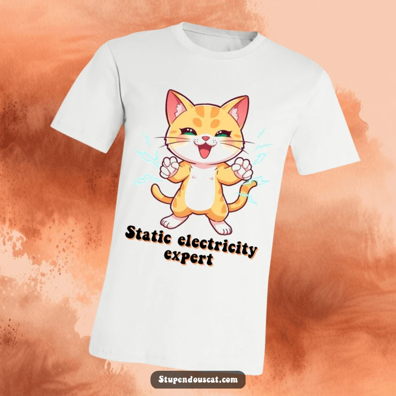 Funny t-shirt showcasing a powerful cat with lightning bolts arcing around its paws, captured in a dramatic and dynamic striking pose.