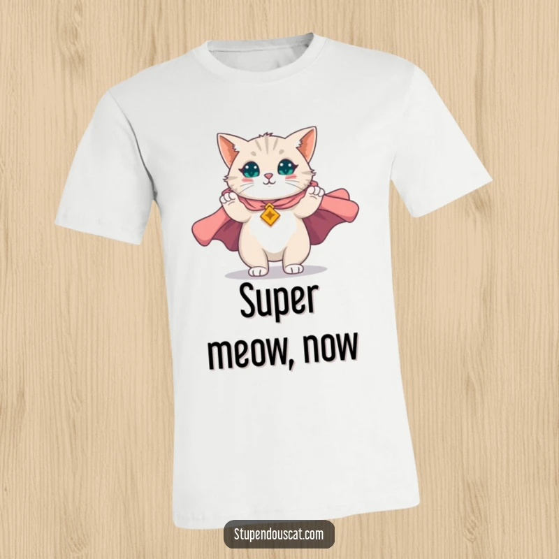 Funny t-shirt showcasing a magnificent cat unfurling a majestic cape, embodying superhero power and feline grace, a hilarious gift.