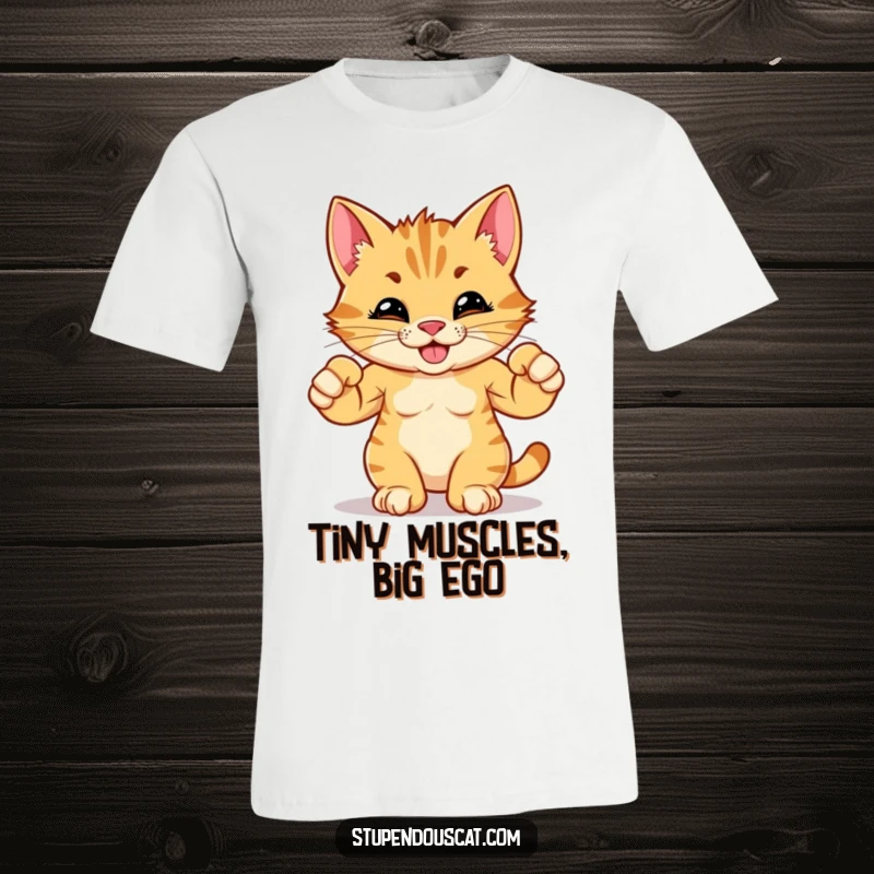 Funny t-shirt featuring a grinning cat cub powerfully flexing its small, defined muscles, showcasing strength and charm.