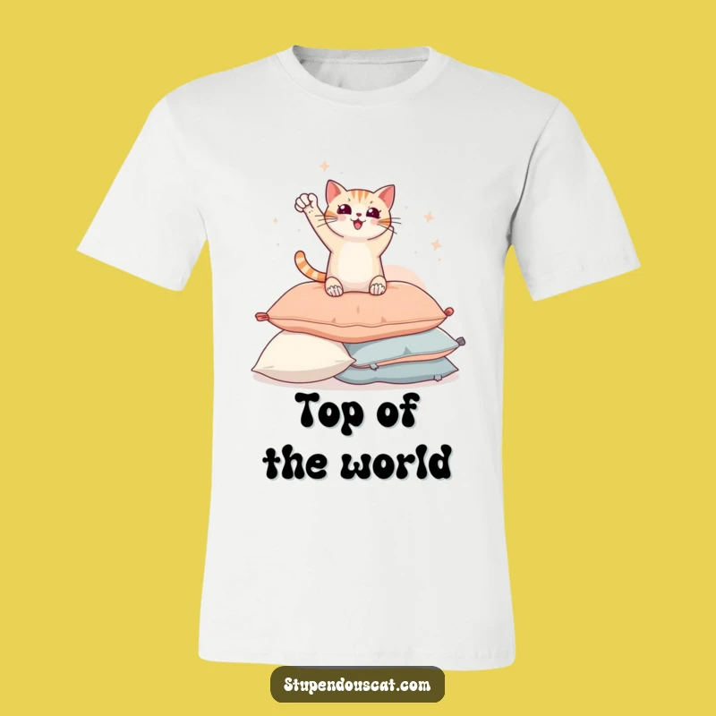 Funny Triumphant Cat Pillow Pose T-Shirt - Comical Heroic Feline Tee