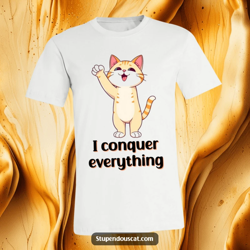 Funny Cat T-Shirt showing an admirable cat standing tall with an outstretched paw of triumph, celebrating victory and success.