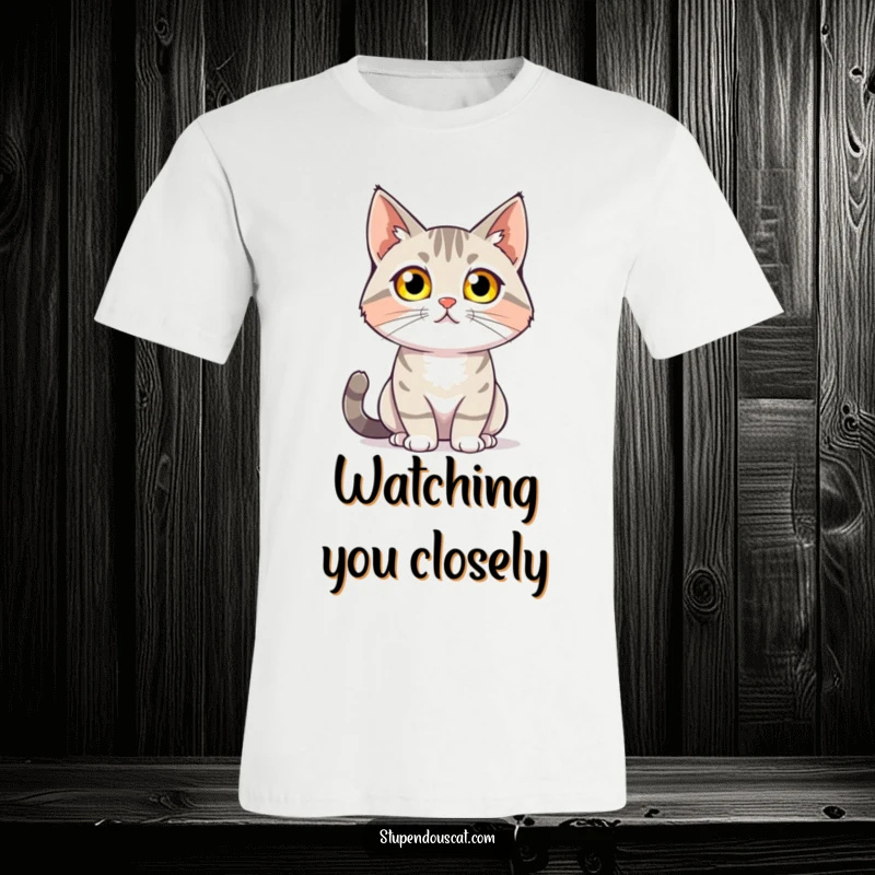 Funny t-shirt of a cat with glowing eyes confidently surveying its surroundings, symbolizing intuition and power, a great gift.
