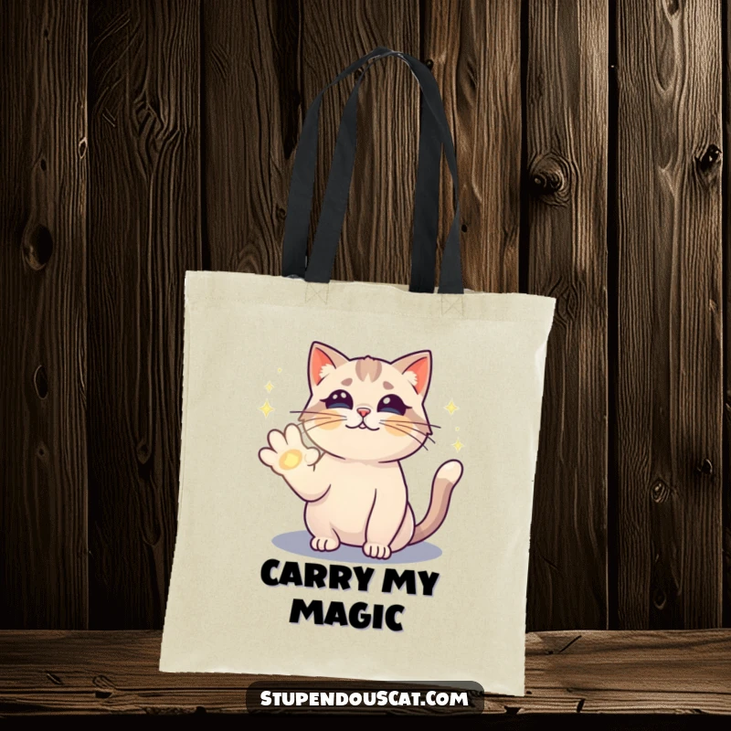 Funny tote bag with a magical cat casting a sparkling spell with its paw, perfect for carrying items with flair.