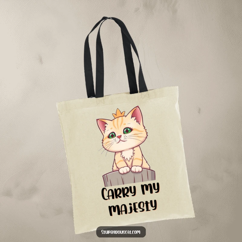 Funny regal cat tote bag showing a cat surveying its domain from a height with a funny, stoic expression.