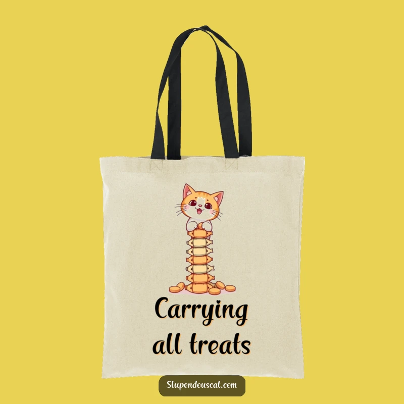 Funny Cat Treat Tower Tote Bag - Precarious Carry-All for Feline Treasures