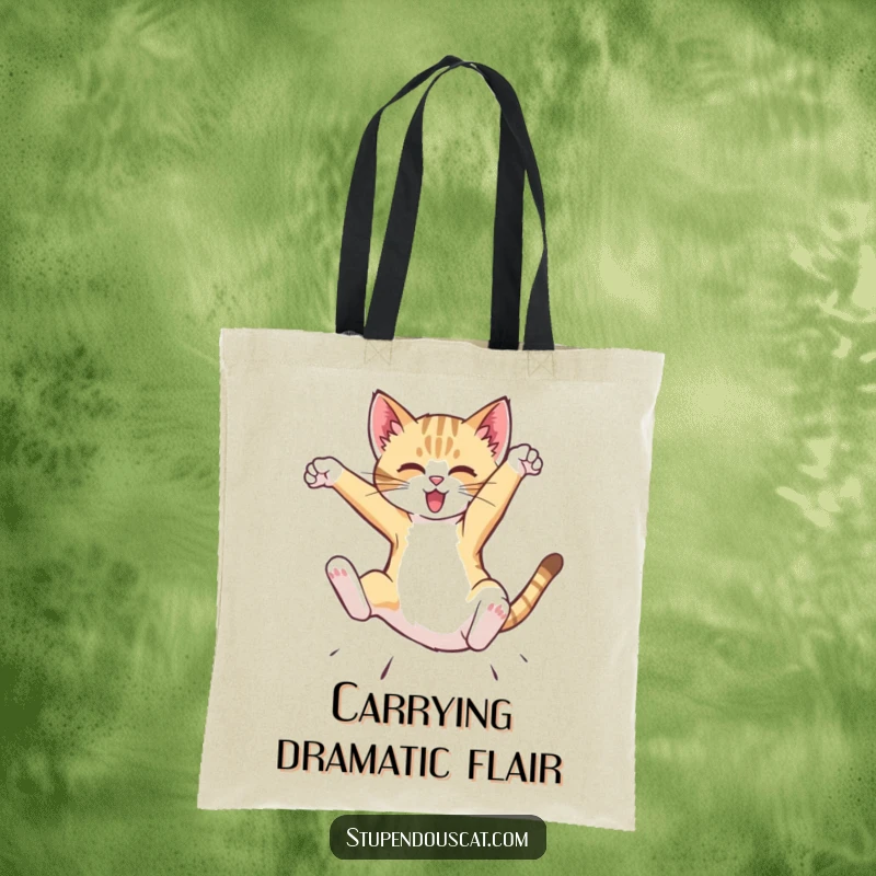 Funny Tote Bag showing a dynamic cat cub performing a mid-air flip, perfect for carrying items with a dose of adventurous, humorous motion.