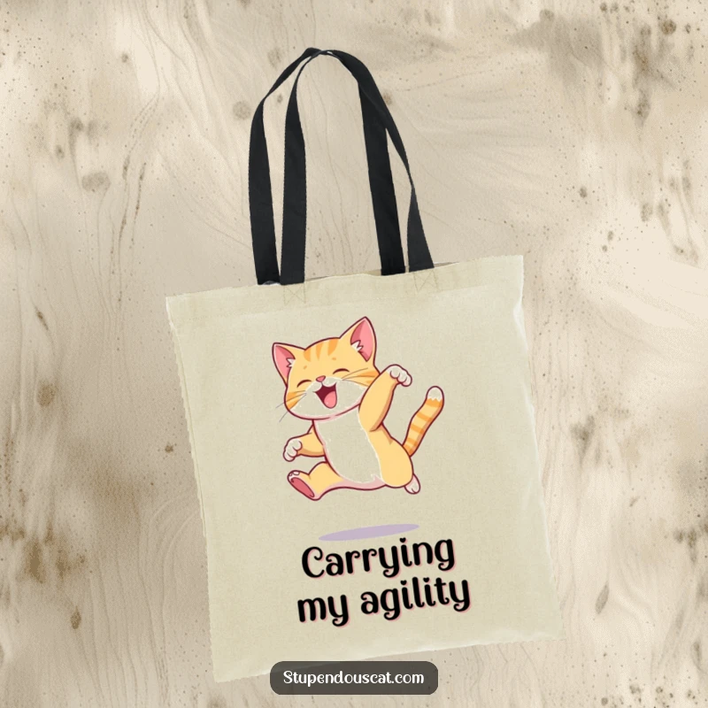 Funny cat tote bag featuring a cat in mid-air performing an elegant, complex jump, great for carrying daily items.