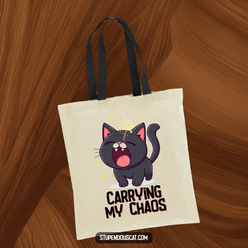 Funny black cat tote bag, roaring with sparkling fireworks erupting, a stylish and explosive accessory for everyday use.