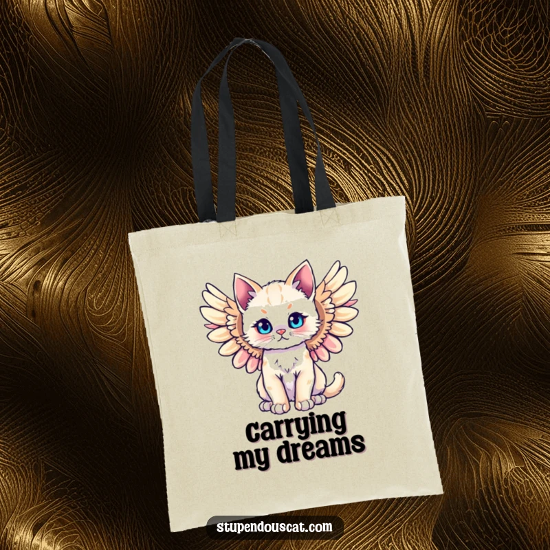 Funny majestic angel cat cub tote bag, elegant wings spread wide, ready to carry your items with heavenly humor.