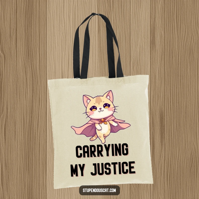 Funny tote bag showcasing a majestic cat with a flowing cape, soaring through the air. Perfect for carrying groceries or heroic deeds.